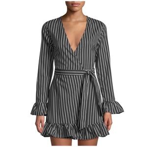 Striped Long-Sleeve Ruffled Wrap Dress